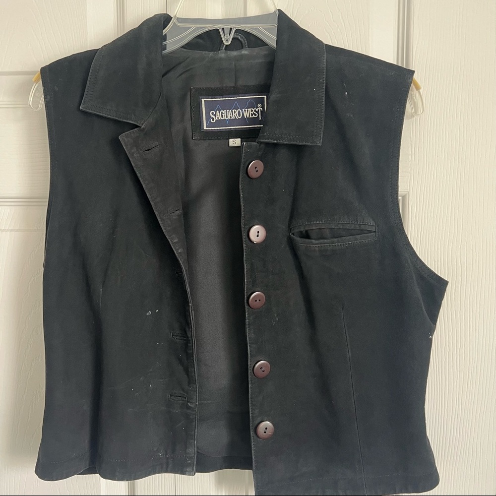 Saguaro West small black suede button up women’s vest with front pocket
